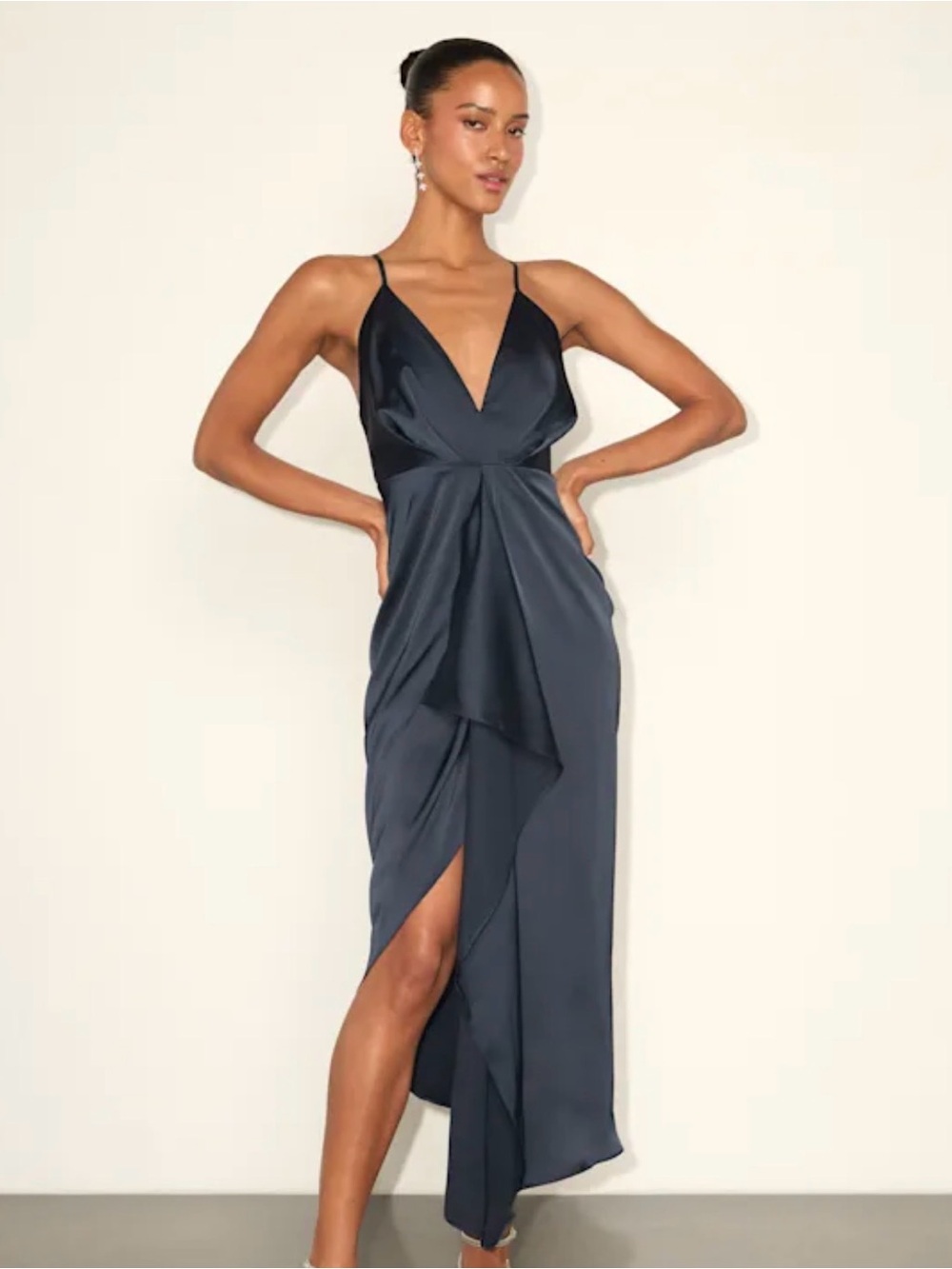 Lulus Navy Blue Satin Ruffled Midi Dress Small